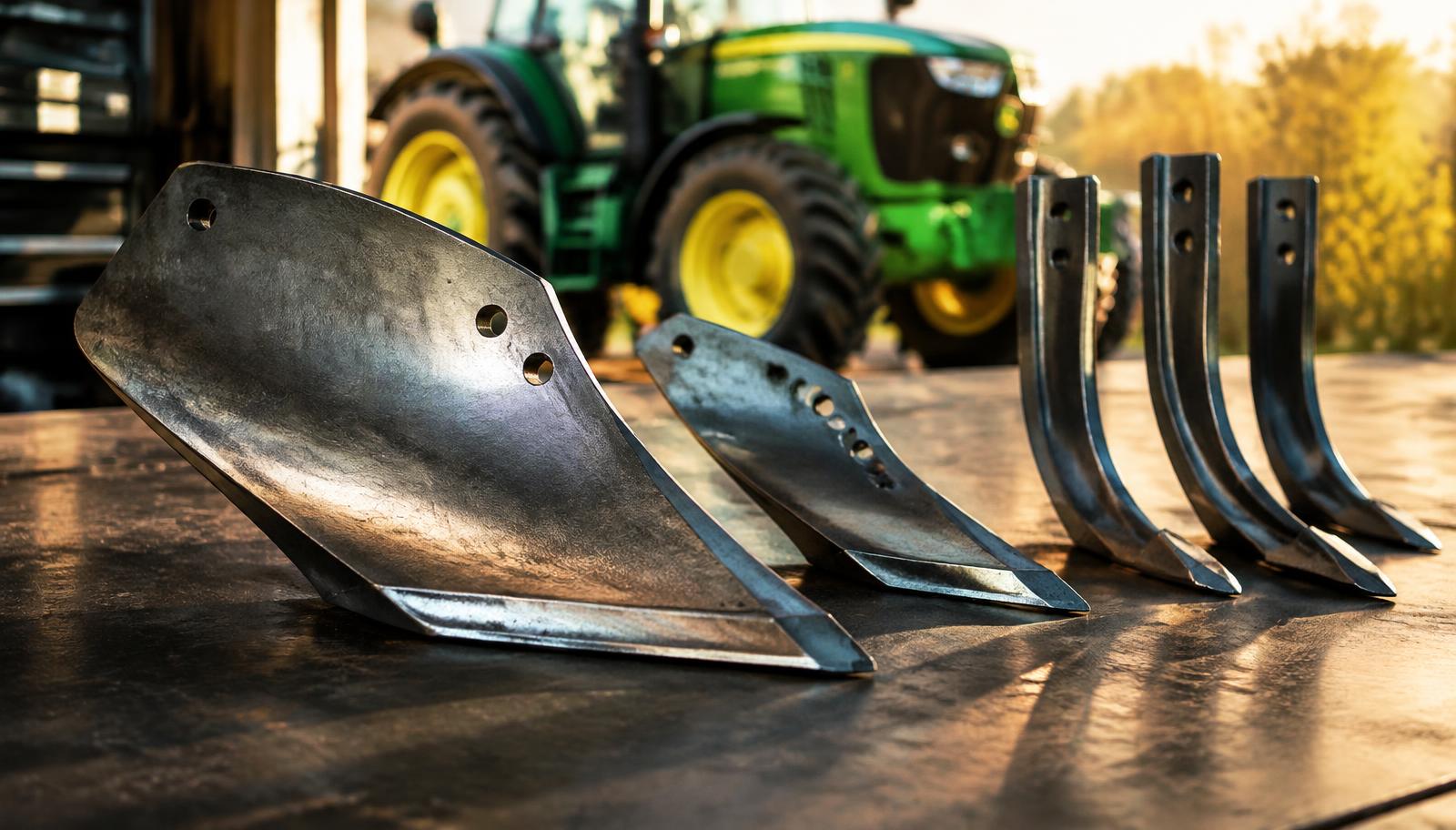 Hardened plough shares and cultivator tines in a farm workshop